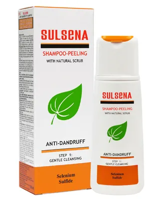 A box and bottle of Sulsena shampoo-peeling anti-dandruff treatment are displayed side-by-side against a white background.