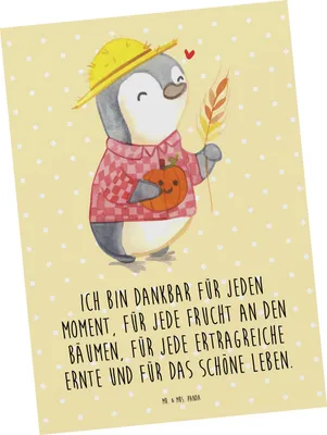 Produktbild von Mr. & Mrs. Panda Postkarte Erntedankfest Pinguin - Gelb Pastell - Geschenk, Kürbis, Herbst Motiv, Ansichtskarte, Postkarten, Fotokarte, Ansichtskarten, Erntedank