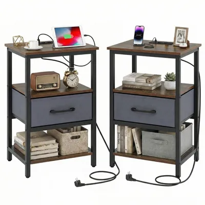 Produktbild von COSTWAY 2er Nachttische, Nachtschrank mit Ladestation, 2 Steckdosen, 1 USB, 1 Typ-C-Anschluss, Stoffschublade & Ablagefächern, Beistelltisch Sofatisch