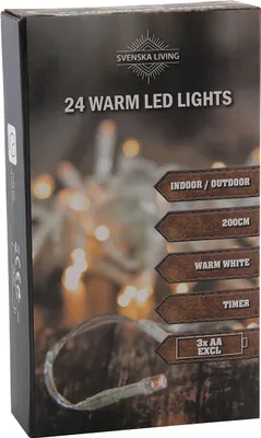 Obrázok produktu pre LED svetelná reťaz 24 LEDS časovač batérie priehľadný kábel teplá biela pre interiér a exteriér
