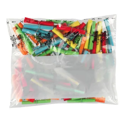 A clear, well-lit studio shot of a bag filled with colorful lottery tickets.
