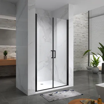 A modern bathroom with a black-framed glass shower enclosure.