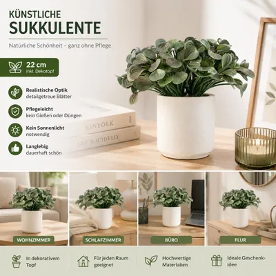 Produktbild von Künstliche Sukkulente 22 cm im Dekotopf – Pflegeleichte Kunstpflanze für Wohnzimmer, Büro & Badezimmer, KI-generiertes Bild