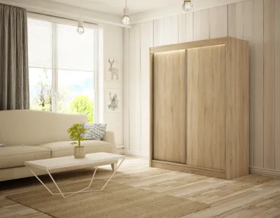 Produktbild von Kleiderschrank Saturn 200 cm inklusive 2 Schiebetüren Kleiderstange Garderobe Schrank Lieferung bis in die Wohnung (Farbe: Eiche sonoma)