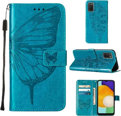 Produktbild von Galaxy A03S Hülle, Schmetterling Prägung Flip Leder Kartenfächer Schutzhülle Ledertasche mit Ständer für Samsung Galaxy A03S Blau