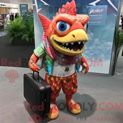 Immagine prodotto di Personaggio mascotte REDBROKOLY di un Piranha vestito con costume da bagno e valigetta