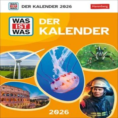 A collage of images on an orange background, featuring a calendar title, a wind turbine, a jellyfish, a spider, the Colosseum, and a firefighter.