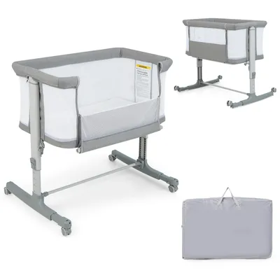 Produktbild von GOPLUS 3 in 1 Beistellbett, tragbares Reisebett mit Wiegemodus, abnehmbare Matratze, Taschen & feststellbare Räder, Babybett höhenverstellbar, Kinderbett für Baby bis 9 kg (Modell 2-Hellgrau)