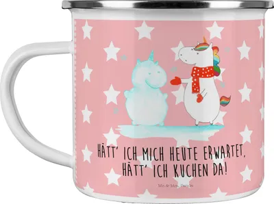 Produktbild von Mr. & Mrs. Panda Teetasse Einhorn Schneemann - Rot Pastell - Geschenk, Emaille Becher, Tasse, Weihnachten, Blechtasse, Unicorn, Handschuhe, Schnee, Mütze, Kuchen, Winter