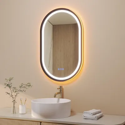 Produktbild von LED Badspiegel Oval 50 x 80 cm Wandspiegel mit Beleuchtung Antibeschlag Touchschalter Dimmbarer Lichtspiegel Badezimmerspiegel Mattschwarzer Aluminiumrahmen