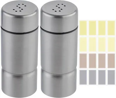 Obrázek produktu pro Ibenzoa® Sada dvou solniček a peprniček z nerezové oceli, kompaktní design s dávkovacími otvory, vhodné do myčky – ideální do kuchyně i na cesty, včetně barevných štítků