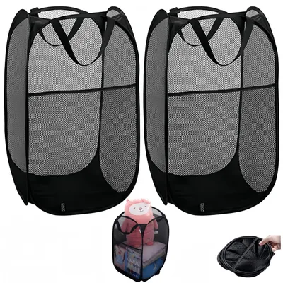 2er Set klappbare Wäschekörbe aus Mesh, schwarz, 36x36x58 cm
