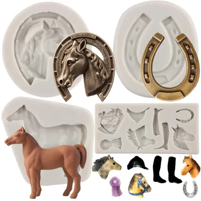 Productafbeelding van Siliconen vormenset, 4 stuks: paardenhoeven, paardenkoppen, geschikt voor fondant, snoepjes, taartdecoratie