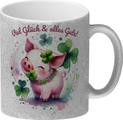Produktbild von Glücksschwein Glitzer-Kaffeebecher mit Spruch Spruch Viel Glück & alles Gute!