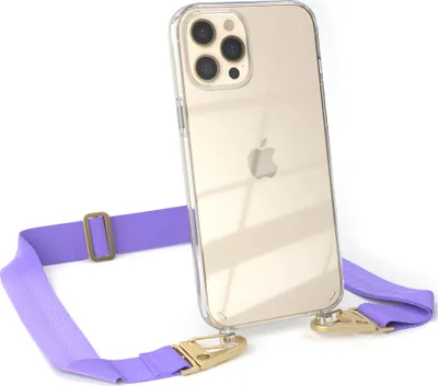 Produktbild von EAZY CASE - Hülle mit Band für Apple iPhone 12 Pro Max, Handyhülle mit Umhängeband, Silikonhülle transparent, Handykette in Violett