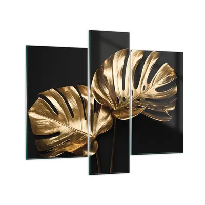 Produktbild von Bilder auf glas - 3 Teile - Golden Blätter Monster - 95x80cm - Glasbilder - Wandbilder - Bilder - zum Aufhängen bereit - Wanddekoration aus Glas - Glas Bilder - Wandbild auf Glas - GCB95x80-4735