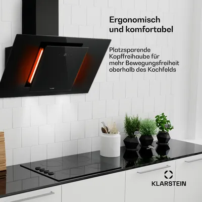 Produktbild von Klarstein Eleonora - Kopffreie Dunstabzugshaube, , Abluftleistung: 426 m³/h, Touch Control, RGB-Ambiente-Farbe, 60 dB, Umluft und Abluft, LED Beleuchtung, Fettfilter, 90 cm, schwarz