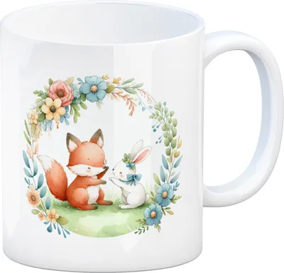 Produktbild von Fuchs und Hase mit Blumenkranz Kaffeebecher