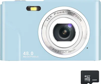 Immagine prodotto di Fotocamera digitale portatile ZELURXX, fotocamera compatta da 32 GB, maneggevole, 48 MP, display HD, obiettivo zoom, schermo IPS, blu