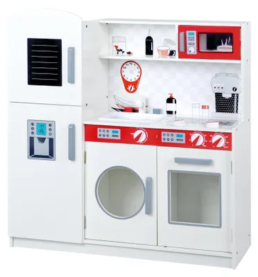 Produktbild von roba Spielküche, Kinderküche, weiß, rot, Kühlschrank, Tafel, Herd, Mikrowelle, Spüle, Wasserhahn
