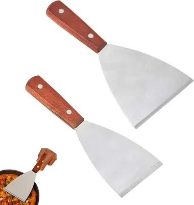 Obrázok produktu pre Nerezová spatel a sada škrabiek na gril, 2 kusy, pre teppanyaki mäso, nerezová, drevená rukoväť