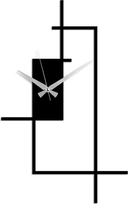 A modern, abstract wall clock with a black rectangular face and silver hands, set against a white background.