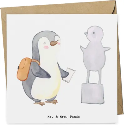 Produktbild von Mr. & Mrs. Panda Grußkarte Pinguin Museum besuchen - Weiß - Geschenk, Museen, faltkarte, doppelkarte, anlasskarte, Glückwunschkarte, Klappkarte