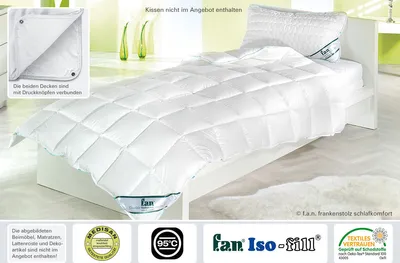 A white duvet and pillow are displayed on a bed in a brightly lit room.