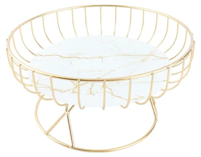Image de Corbeille à fruits décorative en fer marbré, à pieds hauts, design ajouré, pratique, finition peinte, pour la présentation de fruits, couleur dorée