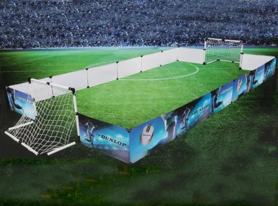 Produktbild von Kinder Fußballtore 2er Set mit Begrenzungsbanden, Ball, Ballpumpe mit Adapter, Steck-Klick-Montage, Heringe inkl., ca. 426 x 36 x 120 cm