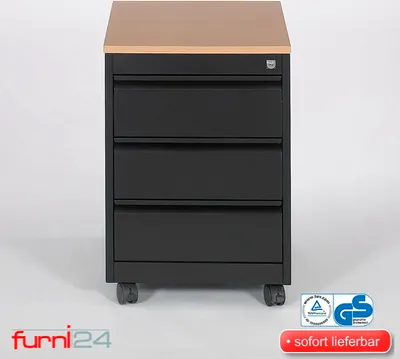 Produktbild von Rollcontainer, 3 Schübe, Farbe schwarz RAL 9005 pulverbeschichtet / Buche