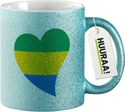 Produktbild von Huuraa Glitzertasse Gabun Flagge Herz 330ml Blau Keramik Kaffeebecher Geschenkidee