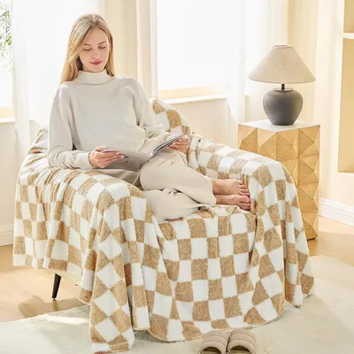 Productafbeelding van Sherpa deken, geruit, 200 x 230 cm, beige, microvezel, gecertificeerd