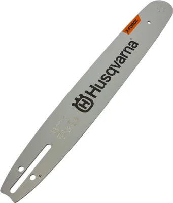 A close-up, studio shot of a chainsaw bar.