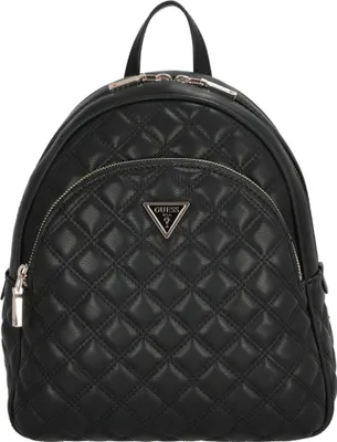 A black quilted backpack.