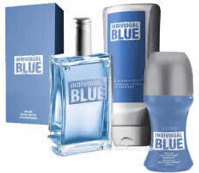 A set of AVON Individual Blue cosmetic products including a box, a perfume bottle, a lotion bottle, and a roll-on deodorant.