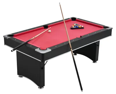 Produktbild von SucceBuy Billardtisch 183 cm moderner Spieltisch mit höhenverstellbaren Füßen, vollständiges Zubehör-Set mit Bällen, Queues, Ständer, Kreide und Bürste, ideal für Spielzimmer und Freizeiträume, schwarz mit rotem Tuch