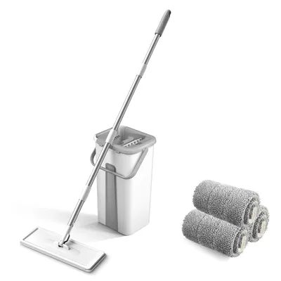 A cleaning mop and bucket set with extra mop pads, displayed against a white background.