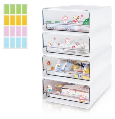 Stapelbarer Schreibtisch-Organizer, 4 Schubladen, transparent, weiß, 24x17x9 cm