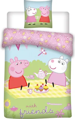 Zdjęcie produktu dla Pościel dziecięca Peppa Wutz & Luzie Locke piknik, kołdra 100x135 + poduszka 40x60 cm, 100% bawełna