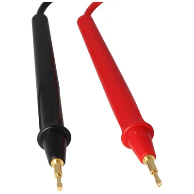 A close-up shot of the tips of two test probes, one black and one red, against a white background.