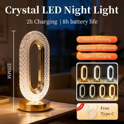 Produktbild von Kristall-LED-Nachttischlampe mit Touch-Steuerung, 3 Farbtemperaturen, stufenlos dimmbar und USB-C aufladbar – Oval