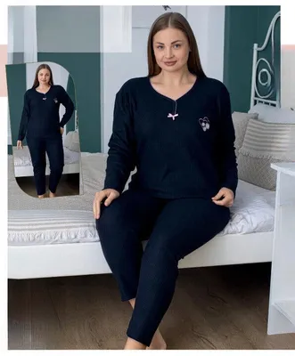 Immagine prodotto di Pigiama donna taglie forti Pigiama blu navy XXL cotone 2 pezzi set caldo inverno S-84