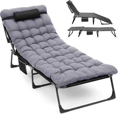 Productafbeelding van Extra groot campingbed, rugleuning in 5 standen verstelbaar, ligbed met matras en kussen, geschikt tot 200 kg, opklapbaar, visstoel, campingbed voor tuin, strand, zonnebaden, reizen, grijs