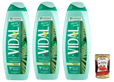 Produktbild von Vidal, bagnoschiuma muschio bianco, white musk weißes Moos Schaumbäder Bades bath shower foam 3x 500ml + Italian Gourmet polpa 400g