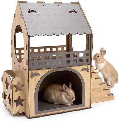 Imagen del producto de Casa para conejos XL, de madera, de dos pisos, con balcón y rampa