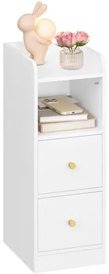 Image de Table de chevet étroite, table d'appoint avec 2 tiroirs, blanche, en bois , lot de 1