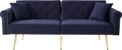Produktbild von Merax 2-Sitzer Schlafsofa mit Schlaffunktion und Verstellbare Rückenlehne, Samtbezug & goldene Metallfüße – Inkl. Kissen und Stauraum, Blau