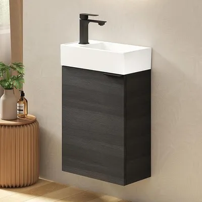 Produktbild von Waschtisch mit Unterschrank 41 cm, Badmöbel-Set mit Keramikwaschbecken – ideal für Gäste-WC & kleines Bad, Waschbecken mit Unterschrank, Anthrazit