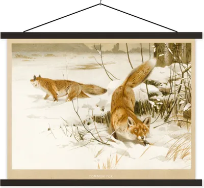 Produktbild von MuchoWow® Textilposter Fuchs - Vintage - Schnee - Zeichnung 40x30 cm mit schwarzem Rahmen - Dekorationen